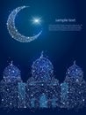 Ramadan. Mosque and moon poly frame on a blue background, abstract design of lines and dots, in the form of a night sky