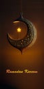 Ramadan Mubarak Banner Design With 3D Render of Hanging Shiny Starry Crescent Moon On Black Background