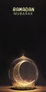 Ramadan Mubarak Banner Design With 3D Render of Beautiful Shiny Crescent Moon Inside Glass Ball Vase On Black