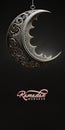 Ramadan Mubarak Banner Design With 3D Render, Hanging Crescent Moon With Hanging Arabic Lamp On Dark