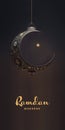 Ramadan Mubarak Banner Design With 3D Render of Hanging Exquisite Crescent Moon And Star On Black