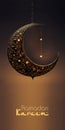 Ramadan Mubarak Banner Design With 3D Render of Hanging Shiny Starry Crescent Moon On Black