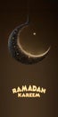 Ramadan Mubarak Banner Design With 3D Render of Hanging Shiny Starry Crescent Moon On Black