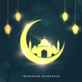 Ramadan Mubarak Concept With Shiny Yellow Crescent Moon, Mosque, Lanterns Hang On Dark Teal Lights Effect