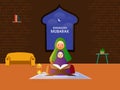 Ramadan Mubarak Greeting Card Design with Illustration of Muslim Woman and Her Daughter Reading Quran Together on Mat