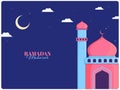 Ramadan Mubarak Greeting Card Design with Mosque, Crescent Moon and Clouds on Blue