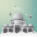 Ramadan Mubarak Greeting Card design with mosque and lantern vector Illustration. Paper art and craft style.