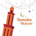 Ramadan Mubarak Greeting Card design with tower mosque, half moon, and star vector Illustration.