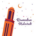 Ramadan Mubarak Greeting Card design with tower mosque, half moon, and star vector Illustration.