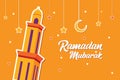 Ramadan Mubarak Greeting Card design with tower mosque, half moon, and star vector Illustration.