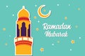 Ramadan Mubarak Greeting Card design with tower mosque, half moon, and star vector Illustration.