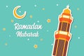 Ramadan Mubarak Greeting Card design with tower mosque, half moon, and star vector Illustration.