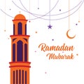 Ramadan Mubarak Greeting Card design with tower mosque, half moon, and star vector Illustration.