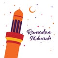 Ramadan Mubarak Greeting Card design with tower mosque, half moon, and star vector Illustration.