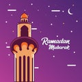 Ramadan Mubarak Greeting Card design with tower mosque vector Illustration. Ramadan Mubarak Greeting Card Background.