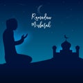 Ramadan Mubarak Greeting Card Mosque night with prayer man illustration image