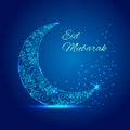 Ramadan mubarak greeting card.Shiny decorated crescent moon with stylish text Eid Mubarak on blue background