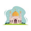 Ramadan Mubarak icon design, Cute and trendy mosque with nature Landscape illustration.