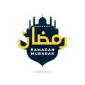 Ramadan mubarak logo badge. 3d arabic calligraphy with great mosque silhouette background illustration