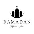Ramadan Mubarak logo with lantern elements, crescent moon and star mosque building, Islamic calligraphy pattern, for business, Royalty Free Stock Photo