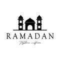 Ramadan Mubarak logo with lantern elements, crescent moon and star mosque building, Islamic calligraphy pattern, for business, Royalty Free Stock Photo