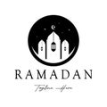 Ramadan Mubarak logo with lantern elements, crescent moon and star mosque building, Islamic calligraphy pattern, for business, Royalty Free Stock Photo