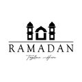 Ramadan Mubarak logo with lantern elements, crescent moon and star mosque building, Islamic calligraphy pattern, for business, Royalty Free Stock Photo