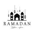 Ramadan Mubarak logo with lantern elements, crescent moon and star mosque building, Islamic calligraphy pattern, for business, Royalty Free Stock Photo