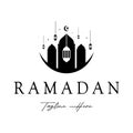 Ramadan Mubarak logo with lantern elements, crescent moon and star mosque building, Islamic calligraphy pattern, for business, Royalty Free Stock Photo