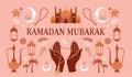 Ramadan Mubarak modern style banner design, background with boho illustrations, moon, mosque dome, praying hands and