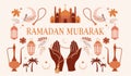 Ramadan Mubarak modern style banner design, background with boho illustrations, moon, mosque dome, praying hands and