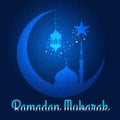 Ramadan Mubarak - moon star lantern and mosque on blue arabic pattern