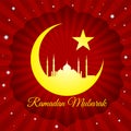 Ramadan mubarak - moon star and masjid on red light vector background