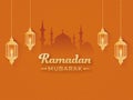 Ramadan Mubarak Poster Design with Hanging Illuminated Lanterns against Orange Silhouette Mosque