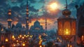 Ramadan Mubarak.Ramadan Kareem.At dusk, a lantern illuminates a mosque in a city skyline against a cloudy sky Royalty Free Stock Photo