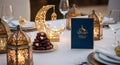 Ramadan Mubarak table setting with dates lanterns and crescent moon decoration Royalty Free Stock Photo