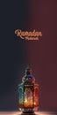 Ramadan Mubarak Vertical Banner Design With Realistic Sparkling Arabic Lamp,