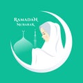 Ramadan mubasak banner with respect women islam in white moon on green background vector design