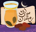 Ramadan Night with Arabic Tea, Dates and Scroll for Iftar, Vector Illustration Royalty Free Stock Photo