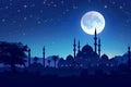Ramadan Night. Mosque Silhouette Under Moonlit Sky