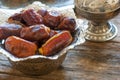 Ramadan palm fruit dates in silver bowl and zam zam water Royalty Free Stock Photo