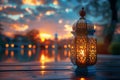 Ramadan reflections Lantern on table with serene backdrop scene