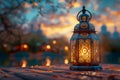 Ramadan reflections Lantern on table with serene backdrop scene