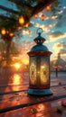 Ramadan reflections Lantern on table with serene backdrop scene