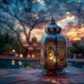 Ramadan reflections Lantern on table with serene backdrop scene