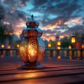 Ramadan reflections Lantern on table with serene backdrop scene