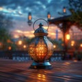 Ramadan reflections Lantern on table with serene backdrop scene