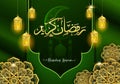 Green Ramadan Kareem or eid mubarak arabic calligraphy greeting card. design islamic with Gold moon Translation of text `Ramadan K