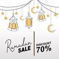 Ramadan sale banner with decorative lantern, moon, and star. Islamic greeting template vector illustration