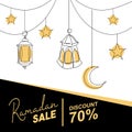 Ramadan sale banner with decorative lantern, moon, and star. Islamic greeting template vector illustration Royalty Free Stock Photo